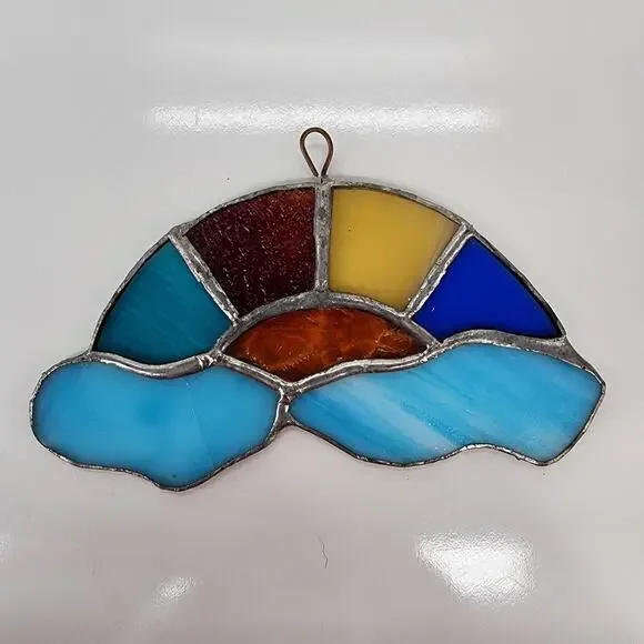 Vintage Stained Glass Suncatcher 4x8 Rainbow Clouds Window Hanging Ornament READ - Picture 3 of 6
